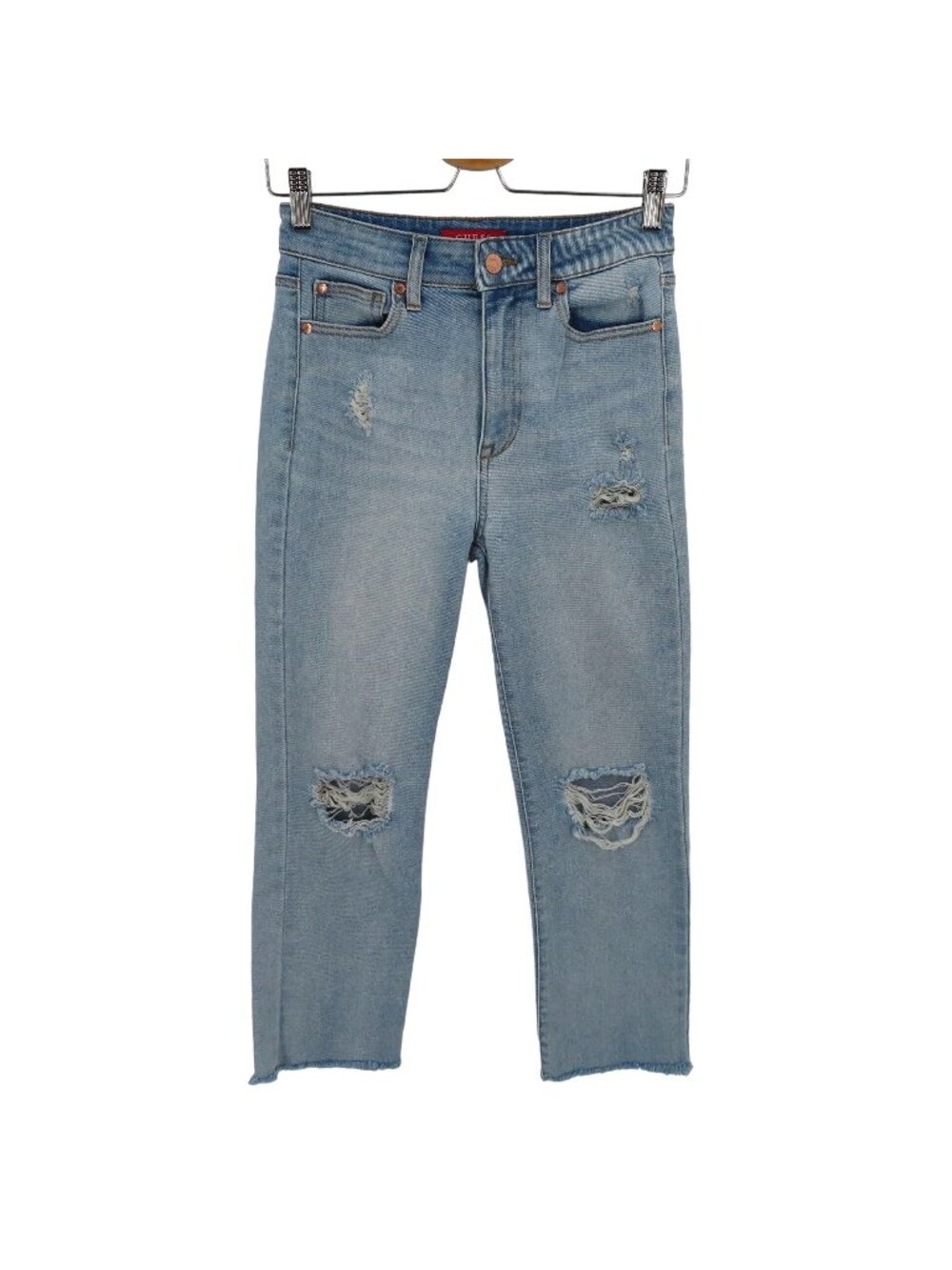 GUESS Womens 27 Light Blue Denim Jeans Distressed Raw Hem Cropped Ankle Pockets